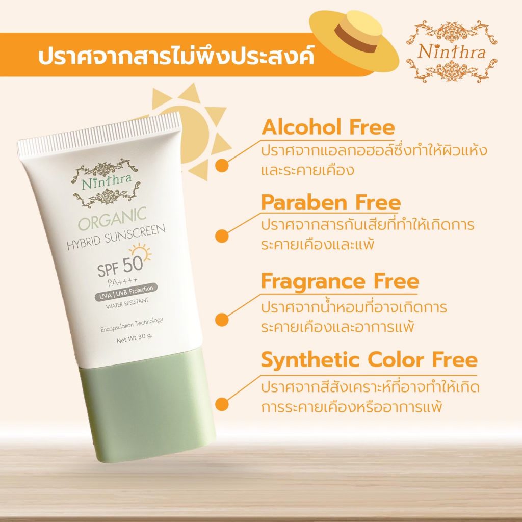ปราศจากสารไม่พึงประสงค์ : Alcohol free, Paraben free, Fragrance free, Synthetic Color free