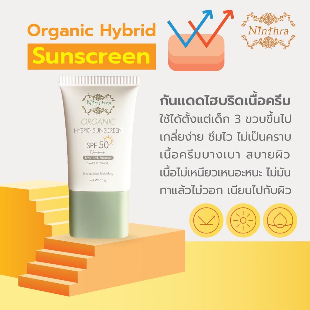 Organic Hybrid Sunscreen: กันแดดไฮบริดเนื้อครีม ใช้ได้ตั้งแต่เด็ก 3 ขวดขึ้นไป เกลี่ยง่าย ซึมไว ไม่เป็นคราบ เนื้อครีมบางเบา สบายผิว เนื้อไม่เหนียมเหนอะหนะ ไม่มันทาแล้วไม่วอก เนียรไปกับผิว