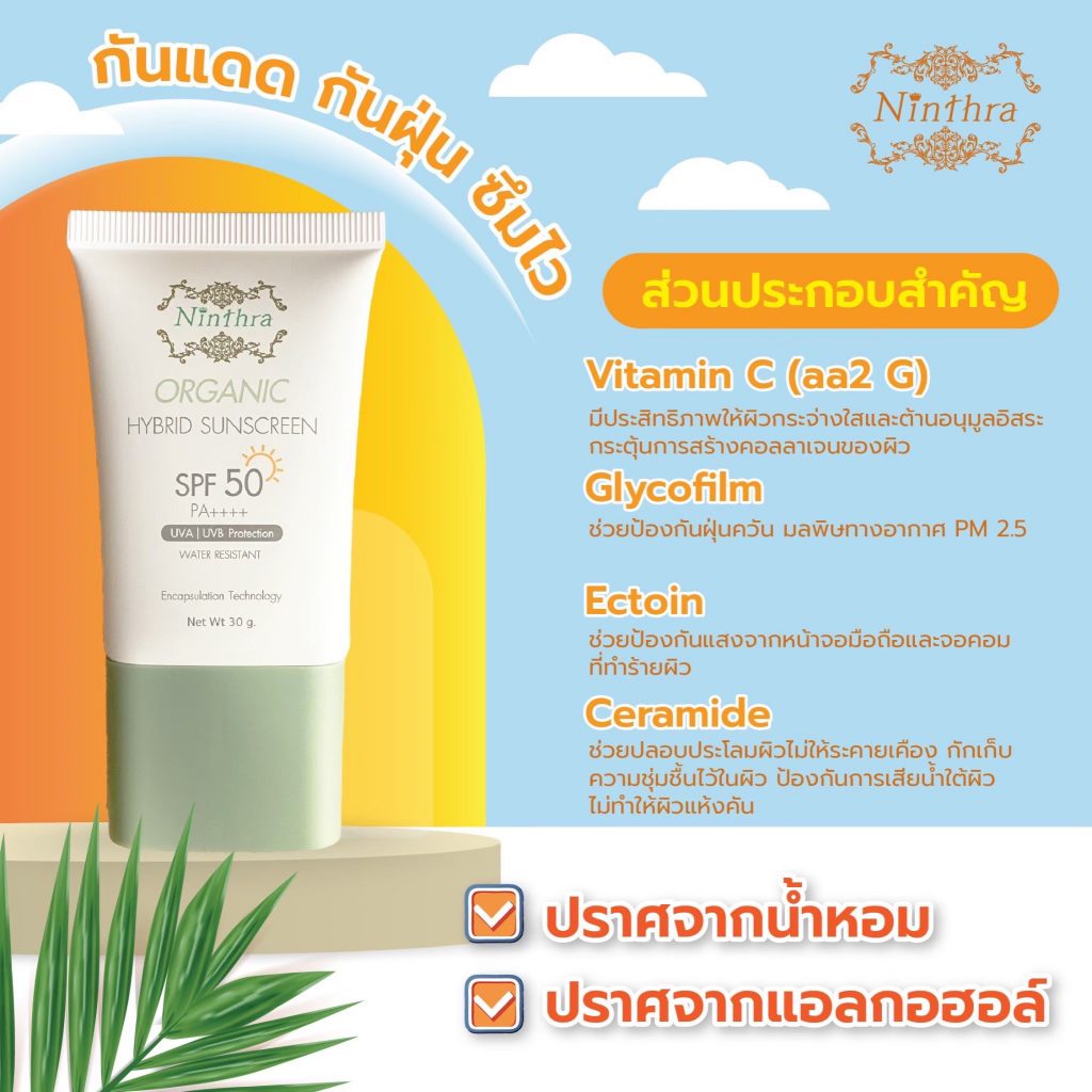 กันแดด กันฝุ่น ซึมไว: Vitamin C(aa2 G), Glycofilm, Ectoin, Ceramide, ปราศจากน้ำหอม ปราศจากแอลกอฮอล์